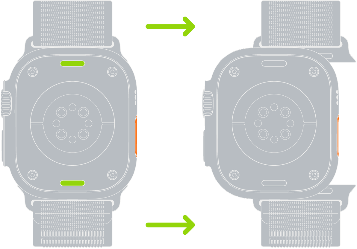 Deux images de l’Apple Watch. L’image de gauche présente le bouton pour défaire le bracelet. L’image de droite présente un bracelet de montre partiellement inséré dans l’emplacement prévu à cet effet.