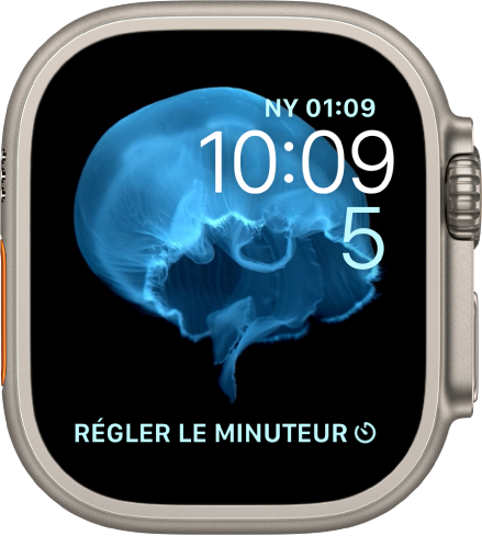 Cadran Animation avec des méduses. Vous pouvez choisir l’objet en mouvement et ajouter plusieurs complications. Une complication Horloge mondiale se trouve en haut à droite, l’heure et la date sont affichées en dessous, et une complication Minuteur figure en bas.