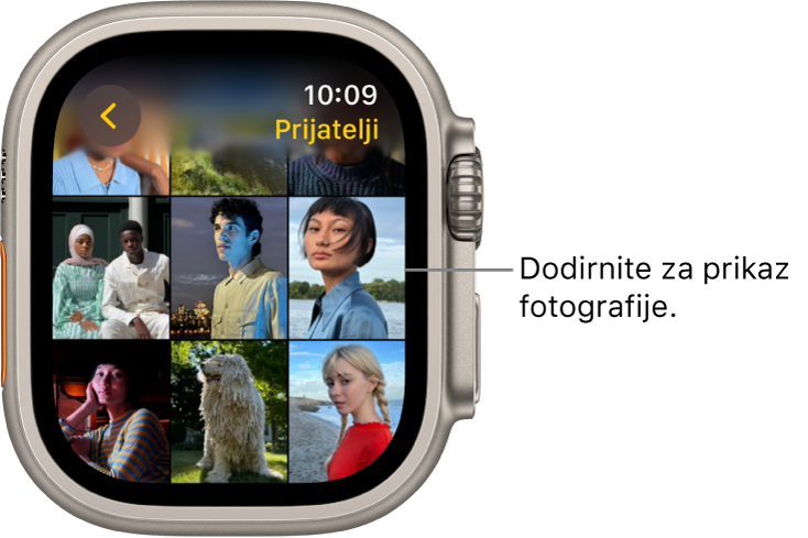 Glavni zaslon aplikacije Foto na Apple Watchu, s nekoliko fotografija prikazanih u rešetki.