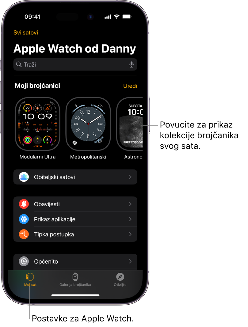 U aplikaciji Apple Watch na iPhoneu otvoren je zaslon Moj sat s prikazom brojčanika vašeg sata pri vrhu zaslona i postavkama pri dnu zaslona. Pri dnu zaslona aplikacije Apple Watch nalaze se tri kartice: lijeva kartica je Moj sat gdje se nalaze postavke za Apple Watch; sljedeća je Galerija brojčanika gdje možete pregledati dostupne brojčanike i dodatke; zatim Otkrij gdje možete saznati više o Apple Watchu.