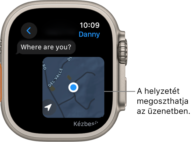 Az Üzenetek app egy személy megjelölt helyzetét mutató térképpel.