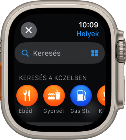 A Térképek app Keresés képernyője a felső rész közelében megjelenő Keresés mezővel. Alul megjelenik a Keresés a közelben címsor pár kategóriával (pl. ebéd vagy töltőállomás).
