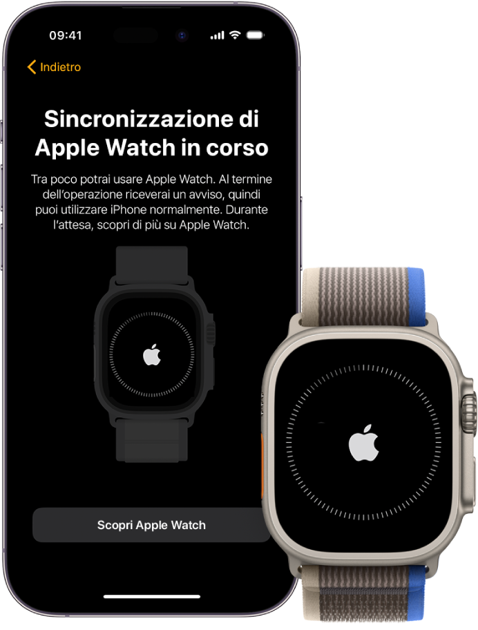 Un iPhone e un Apple Watch che mostrano le loro schermate di sincronizzazione.