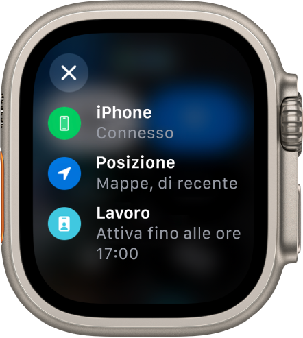 Centro di Controllo indica che iPhone è connesso, che Mappe e Meteo stanno utilizzando la posizione e che è prevista una full immersion Lavoro fino alle 5 di pomeriggio.