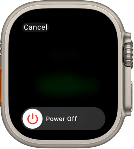 „Apple Watch“ ekranas, kuriame rodomi slankiklis „Power Off“. Vilkite slankiklį, kad išjungtumėte „Apple Watch“.