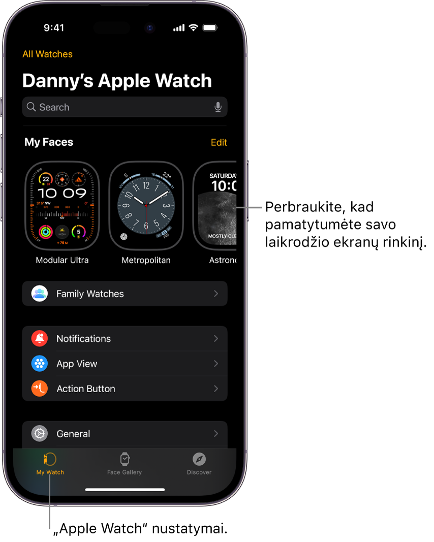 „iPhone“ programoje „Apple Watch“ atidarytas ekranas „My Watch“, kurio viršutinėje dalyje rodomi laikrodžio ciferblatai, o apatinėje dalyje – nustatymai. „Apple Watch“ ekrano apačioje pateikti trys skirtukai: kairysis skirtukas yra „My Watch“, kuriame galima keisti „Apple Watch“ nustatymus; kitas skirtukas yra „Face Gallery“, kuriame galite naršyti pateiktus laikrodžio ekranus ir valdiklius; dar kitas skirtukas yra „Discover“, kuriame galite sužinoti daugiau apie „Apple Watch“.