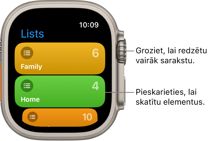 Lietotnes Reminders ekrāns Lists, kurā redzamas divas sarakstu pogas — Family un Home. Skaitļi labajā pusē norāda atgādinājumu skaitu katrā sarakstā. Pieskarieties sarakstam, lai skatītu tajā iekļautos ierakstus, vai groziet Digital Crown galviņu, lai redzētu vairāk sarakstu.