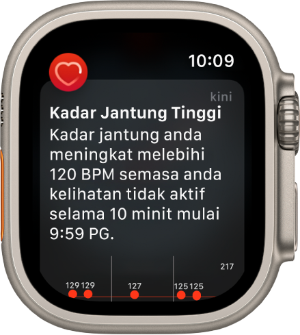 Skrin Kadar Jantung Tinggi menunjukkan pemberitahuan yang kadar jantung anda meningkat melebihi 120 BPM selama 10 minit apabila anda kelihatan tidak aktif.