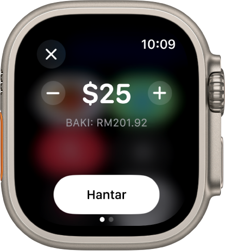 Skrin Mesej menunjukkan bayaran Apple Cash sedang disediakan. Amaun dolar berada di bahagian atas. Baki semasa di bawah dan butang Hantar di bahagian bawah.