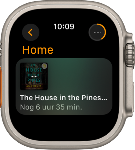 Het scherm 'Home' in de Audioboeken-app. Rechtsbovenin bevindt zich de knop 'Huidige'. In het midden is het boek te zien dat momenteel wordt afgespeeld, met links onder de titel de resterende tijd.