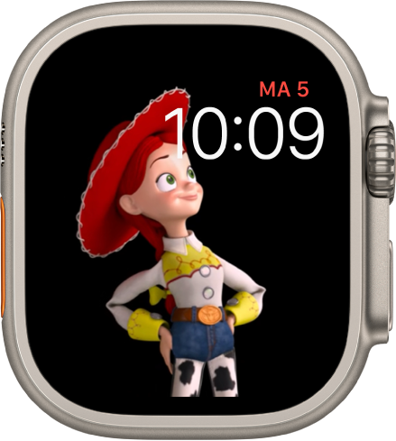 De wijzerplaat Toy Story, met rechtsboven de dag, datum en tijd en links een animatieafbeelding van Jessie.