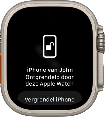 Apple Watch-scherm met de melding ''iPhone van Bram' ontgrendeld door deze Apple Watch'. Daaronder staat de knop 'Vergrendel iPhone'.