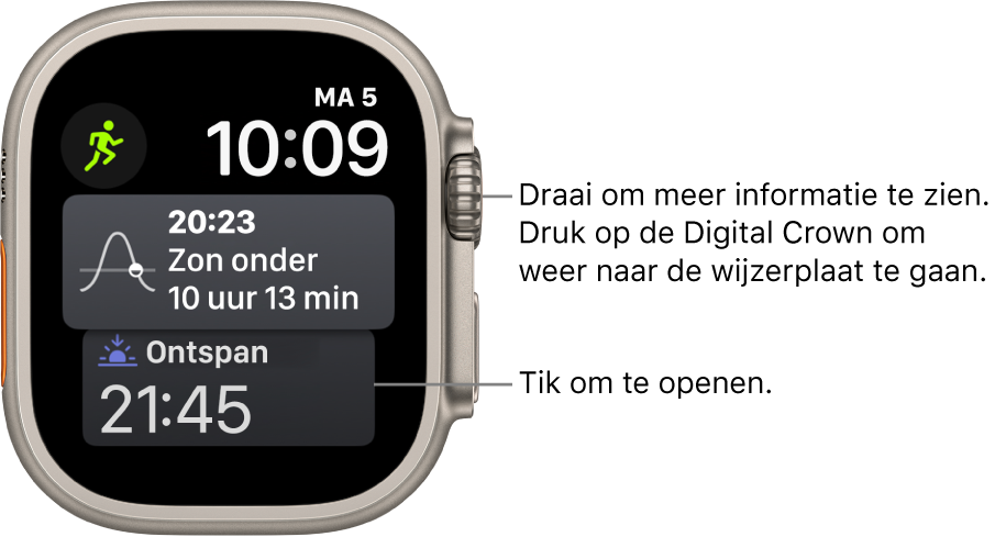 De wijzerplaat Siri met rechtsbovenin de datum en tijd. Linksbovenin bevindt zich een complicatie Maanstand. Daaronder staat de complicatie Zon op/onder. Onderin bevindt zich de complicatie Slaap.