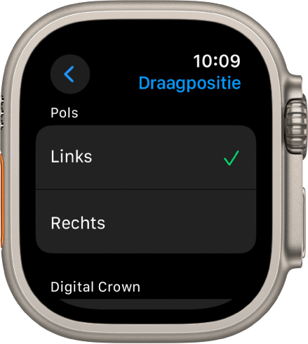 Het Draagpositie-scherm op de Apple Watch. Je kunt instellen om welke pols je de Apple Watch draagt en aan welke kant de Digital Crown zich bevindt.