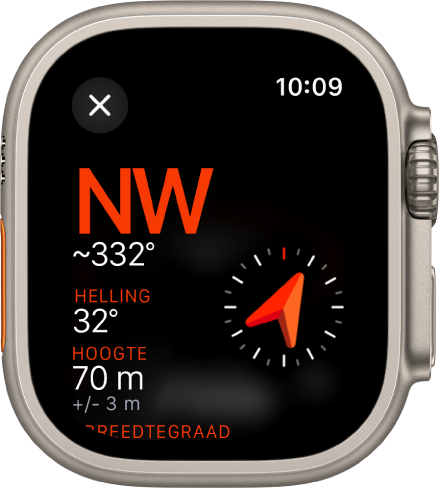 De Kompas-app met het infoscherm. De richting wordt links in het midden weergegeven met de kompasrichting (noordwesten) en de graden (332 graden). Daaronder bevinden zich de huidige hellingshoek en hoogte. Aan de rechterkant zie je een kompasaanduiding. Linksbovenin staat de sluitknop.