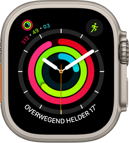 De wijzerplaat Activiteit analoog die de tijd laat zien en aangeeft wat je vorderingen zijn ten opzichte van je dagelijkse doel voor bewegen, trainen en staan. Er zijn ook drie complicaties: Linksboven Activiteit, rechtsboven Work-out en onderin Weersomstandigheden.