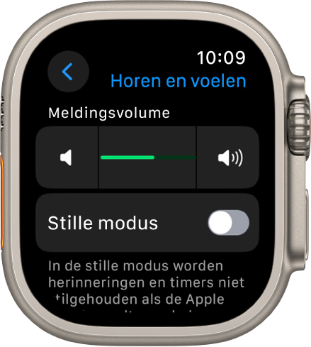 Instellingen voor horen en voelen op de Apple Watch, met bovenin de schuifknop 'Meldingsvolume' en daaronder de schakelaar 'Stille modus'.