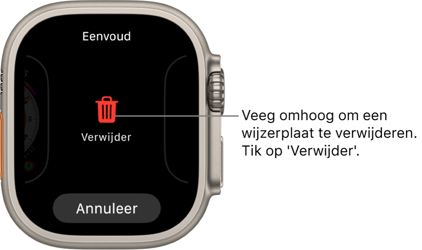 Het Apple Watch-scherm met de knoppen 'Verwijder' en 'Annuleer', die verschijnen nadat je naar een wijzerplaat hebt geveegd en de wijzerplaat omhoog hebt geveegd om de wijzerplaat te verwijderen.