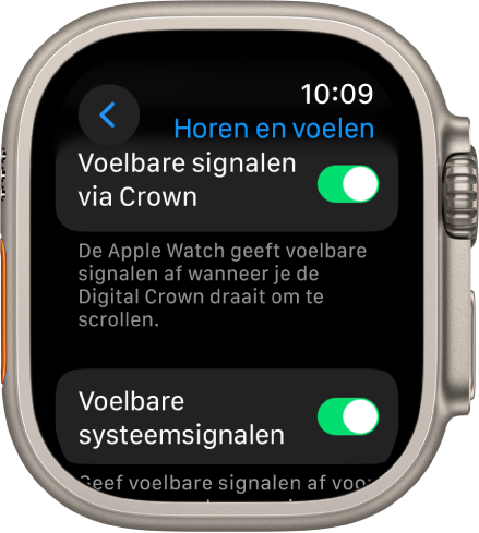 Het scherm 'Voelbare signalen via Crown', met de schakelaar 'Voelbare signalen via Crown' ingeschakeld. Daaronder staat de schakelaar 'Voelbare systeemsignalen'.