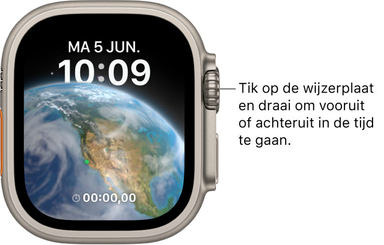 De wijzerplaat Astronomie toont de dag, de datum en de actuele tijd. Onderin bevindt zich een complicatie Timer. Tik op de wijzerplaat en draai de Digital Crown om vooruit of achteruit in de tijd te gaan.