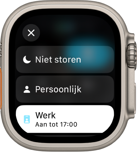 De Focus-lijst met 'Niet storen', 'Persoonlijk' en 'Werk'. De focus 'Werk' is geactiveerd.