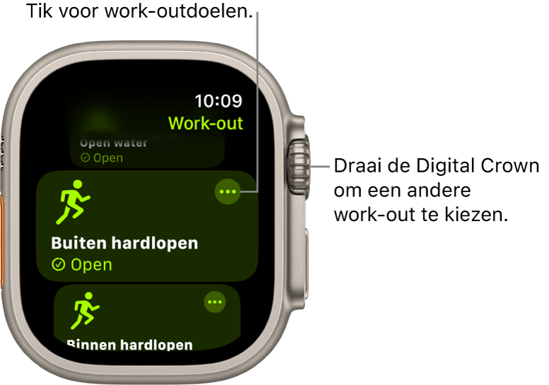 Het Work-out-scherm, met de work-out 'Buiten hardlopen' geselecteerd. Rechtsboven in de work-outtegel staat de knop 'Meer'.