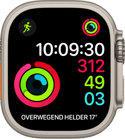 De wijzerplaat Activiteit digitaal die de tijd laat zien en aangeeft wat je vorderingen zijn ten opzichte van je dagelijkse doel voor bewegen, trainen en staan. Er zijn ook drie complicaties: linksboven Work-out, rechtsboven Activiteit en onderin de complicatie Weersomstandigheden.