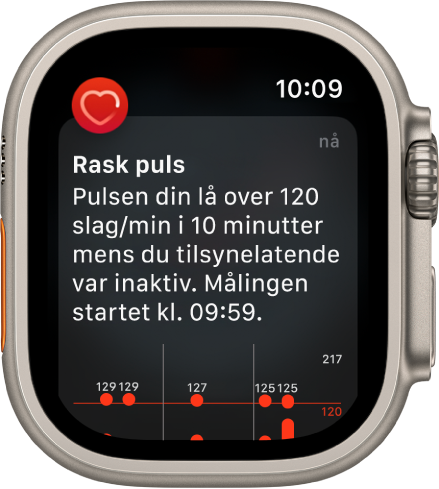 En pulsvarsel-skjerm som viser at rask puls er registrert.