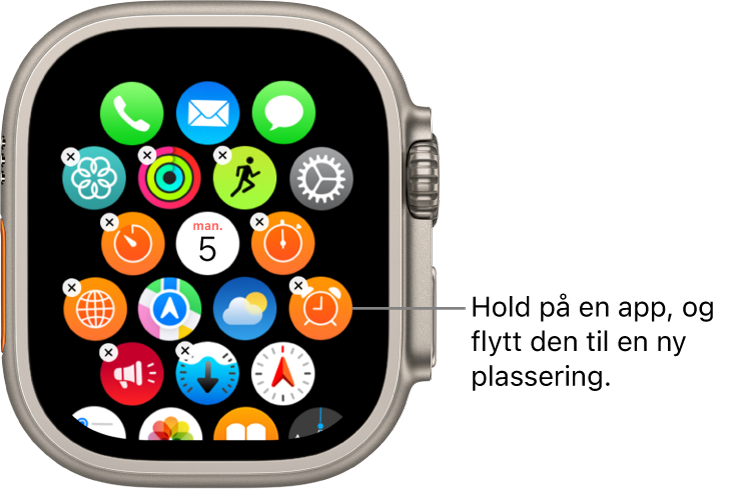 Hjem-skjermen på Apple Watch i rutenettvisning.