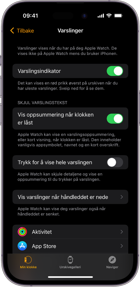 Varslinger-skjermen, som viser varslingskilder i Apple Watch-appen på iPhone.