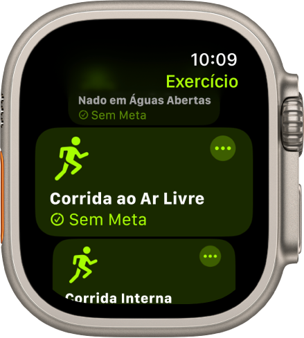 A tela Exercício com o exercício de Corrida ao Ar Livre destacado. O botão Mais encontra-se na parte superior direita do mosaico do exercício.