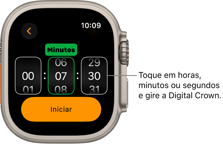 Ajustes para criar um timer personalizado, com a hora à esquerda, os minutos no meio e os segundos à direita. O botão iniciar encontra-se abaixo.