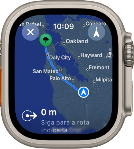 A aplicação Mapas a mostrar um de visão geral das indicações de carro. A primeira etapa da viagem é apresentada na parte inferior.
