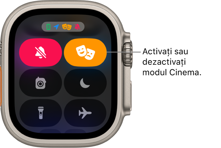 Centrul de control cu butonul mod Cinema și mod Silențios evidențiate pentru a indica faptul că modul Cinema este activat.