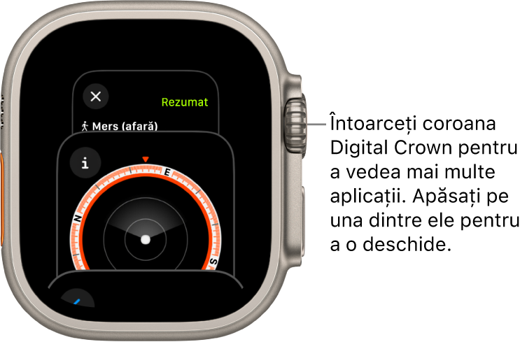 Comutatorul de aplicații afișând aplicația Busolă. Pentru a vedea mai multe aplicații, întoarceți coroana Digital Crown. Apăsați pe una dintre ele pentru a o deschide.