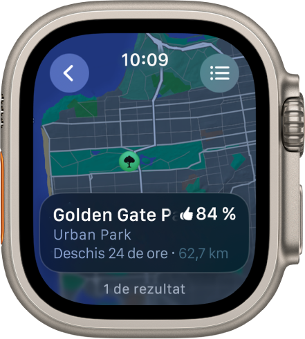 Aplicația Hărți afișând o hartă a parcului Golden Gate din San Francisco împreună cu o evaluare a parcului, programul de funcționare și distanța față de localizarea curentă. Un buton Rute apare în dreapta sus. Un buton Înapoi este în stânga sus.