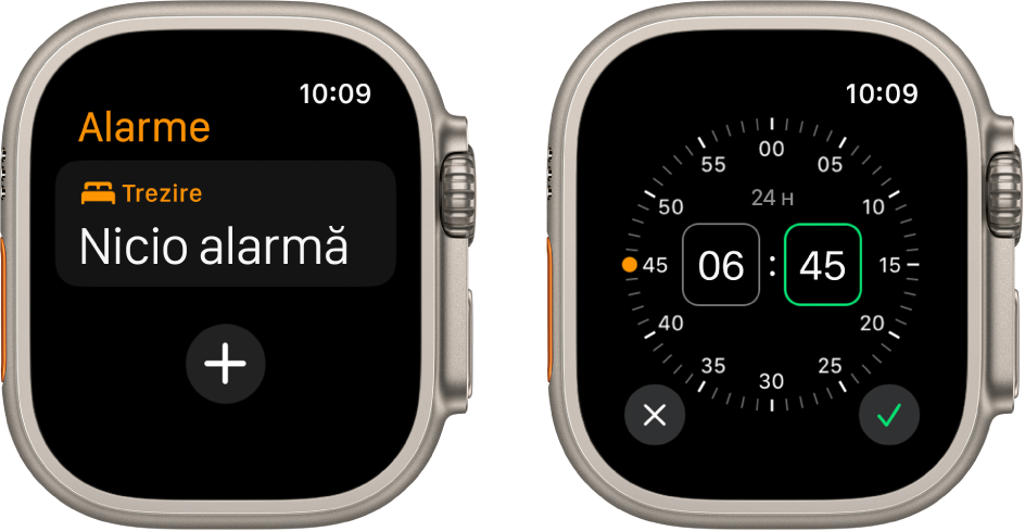 Două ecrane de ceas prezentând procesul de adăugare a unei alarme: Apăsați pe Adăugați o alarmă, apăsați A.M. sau P.M., întoarceți coroana Digital Crown pentru a ajusta ora, apoi apăsați pe butonul bifă.