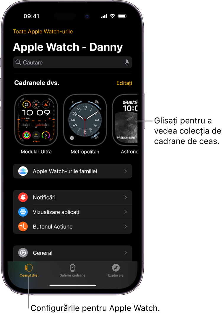 Aplicația Apple Watch de pe iPhone se deschide în ecranul Ceasul dvs., care prezintă cadranele dvs. de ceas sus și configurările dedesubt. Există trei file în partea de jos a ecranului aplicației Apple Watch: fila din stânga este Ceasul dvs., de unde accesați configurările Apple Watch; lângă aceasta este Galerie cadrane, de unde puteți explora cadranele și complicațiile disponibile; urmează Explorare, unde puteți afla mai multe despre Apple Watch.