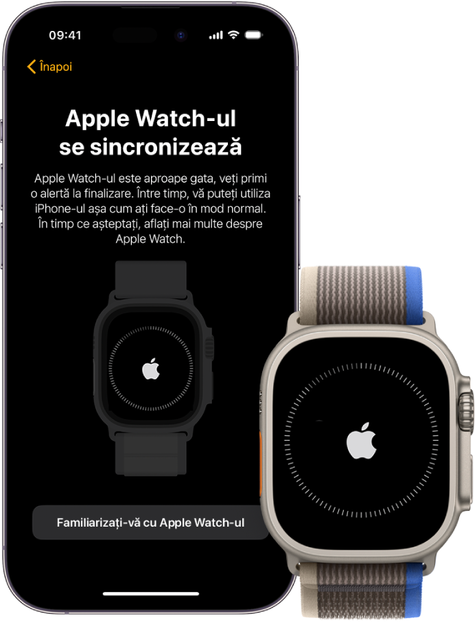 Un iPhone și un Apple Watch Ultra, unul lângă altul. Pe ecranul iPhone-ului scrie “Apple Watch-ul se sincronizează”. Apple Watch Ultra prezintă progresul sincronizării.