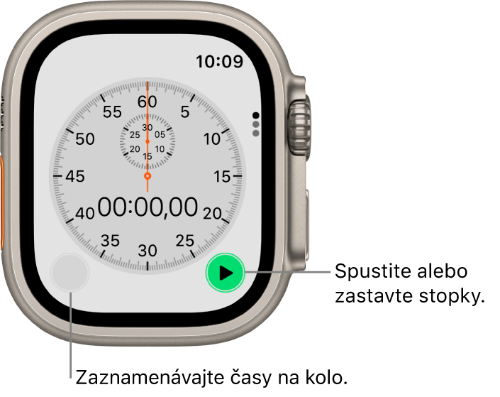 Obrazovka s analógovými stopkami. Stopky spustíte alebo zastavíte klepnutím na pravé tlačidlo, ľavým tlačidlom zaznamenáte časy jednotlivých kôl.