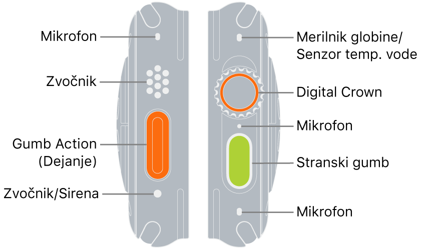 Dve strani Apple Watch Ultra. Na levi sliki je prikazana zadnja stran ure Apple Watch Ultra z leve strani. Od zgoraj navzdol oblački kažejo na mikrofon, zvočnik, gumb Action (Dejanje) in vhod za zvočnik, iz katerega se zasliši sirena. Desna slika prikazuje zadnjo stran ure Apple Watch Ultra z desne strani. Od zgoraj navzdol oblački kažejo na senzor globine/temperature vode, gumb Digital Crown, mikrofon, stranski gumb in drug mikrofon.