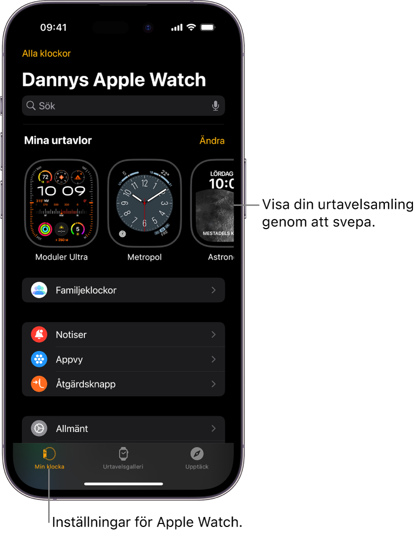 Apple Watch-appen på iPhone som visar skärmen Min klocka och dina urtavlor nästan högst upp och inställningar under det. Det finns tre flikar längst ned på skärmen i Apple Watch-appen. Fliken till vänster är Min klocka där du gör inställningar för Apple Watch. I fliken bredvid visas urtavelsgalleriet där du kan hitta urtavlor och komplikationer och nästa flik är Upptäck där du kan lära dig mer om Apple Watch.