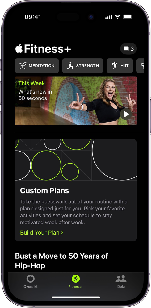Skärmen för Apple Fitness+ visar olika träningstyper från vänster till höger i den översta raden. Nedanför finns This Week. Nedanför finns området Custom Plan.
