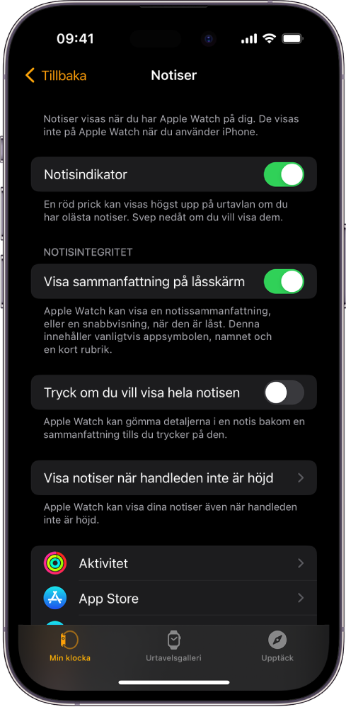 Skärmen Notiser i Apple Watch-appen på iPhone som visar notiskällor.