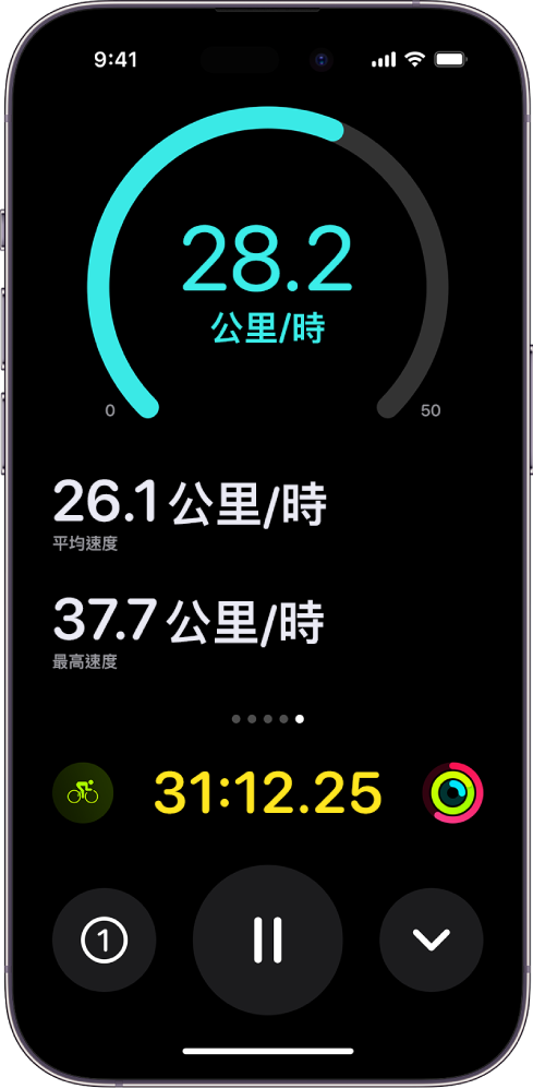 進行中的單車體能訓練在 iPhone 上以「即時動態」顯示，並顯示體能訓練的速度、平均速度、行程距離、最高速度、心率，以及已進行的總時間。