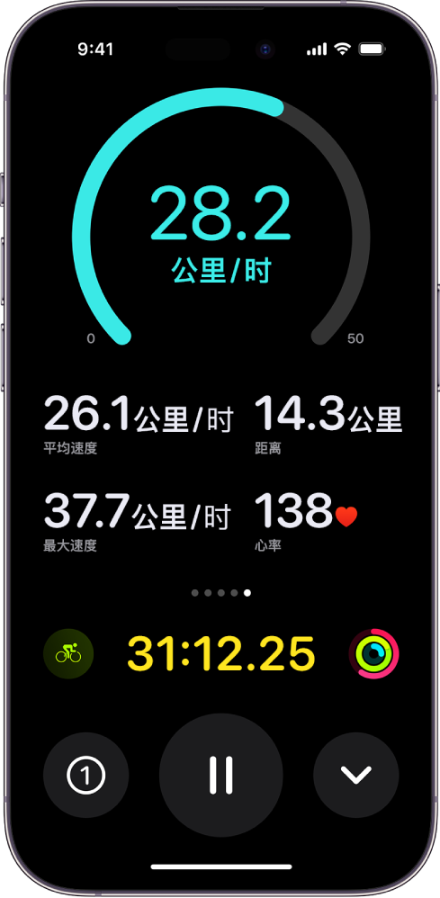 正在进行的单车训练在 iPhone 上显示为“实时活动”，并且显示了体能训练的速度、平均速度、行进距离、最大速度、心率和总累计时间。