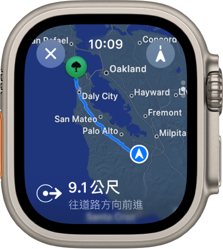 「地圖」App 顯示行車路線的概覽。旅程的第一段顯示在底部。