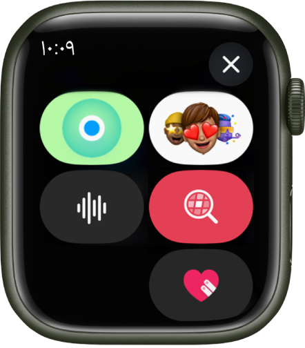 تطبيق الرسائل يعرض خيارات الرسائل، وتشمل أزرار ميموجي والموقع وصورة GIF وصوت واللمس الرقمي و Apple Cash.