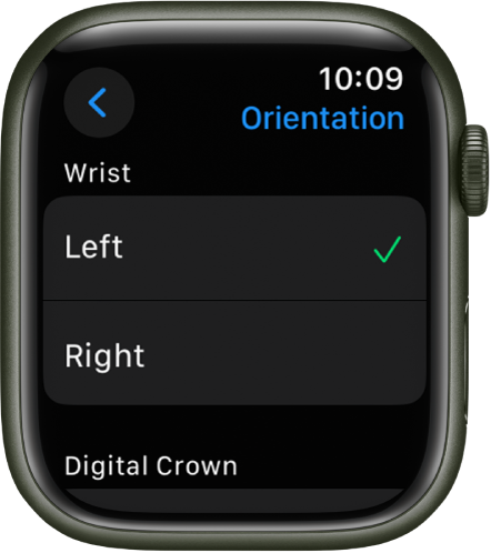 Екранът Orientation (Ориентация) Apple Watch Можете да зададете настройки за китката и за коронката Digital Crown.