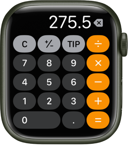 Apple Watch, показващ приложението Calculator (Калкулатор) Екранът показва обичайна цифрова клавиатура с математически функции вдясно. В горния ред са бутоните C, плюс, минус и бакшиш.